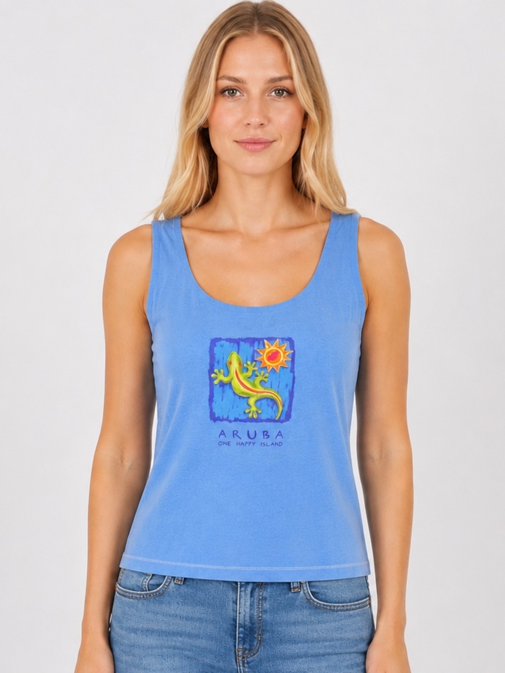 iCanToo Aruba Lizard Tank Top with Bra Shelf, Garment Washed Blue, Size Large